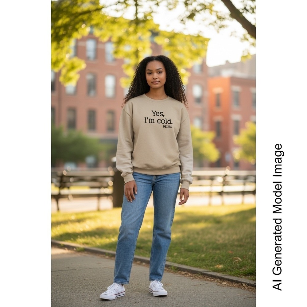 SHEIN Womens Tan Yes Im Cold ME 24:7 Graphic Crewneck Sweatshirt Large Beige